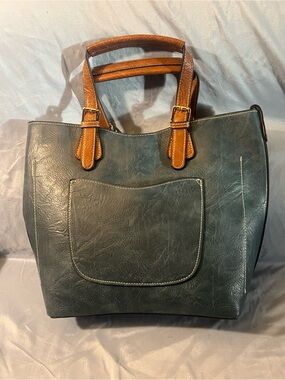 Classic Two-Tone Tote Bag in Blue-Green and Tan